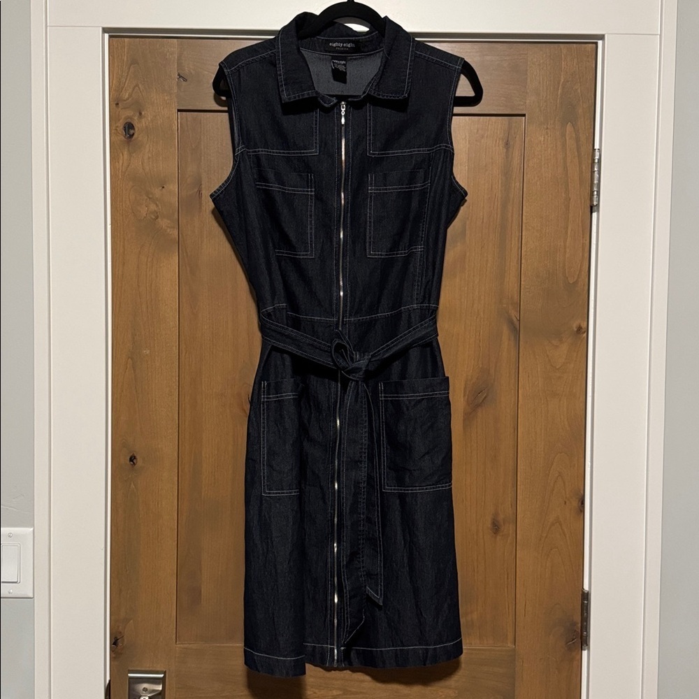 Eighty Eight Premium Womens Denim Midi Dress Womens 16 Sleeveless Zip Front